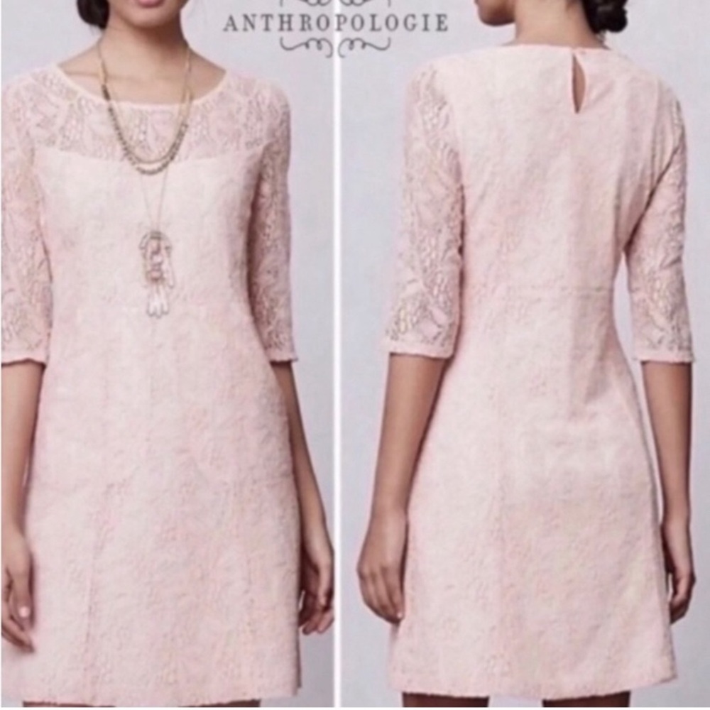 Maeve Anthro Pastel Blush Lace 3/4 Sleeves Casual Career Dress S